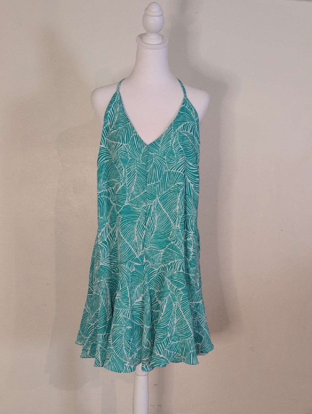 Backless Green Leaf Print Halter Sundress Size Large